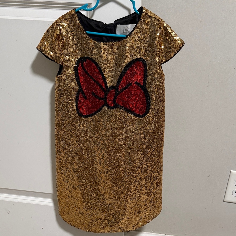Disney Minnie Mouse Gold Sequin Dress with Red Bow
